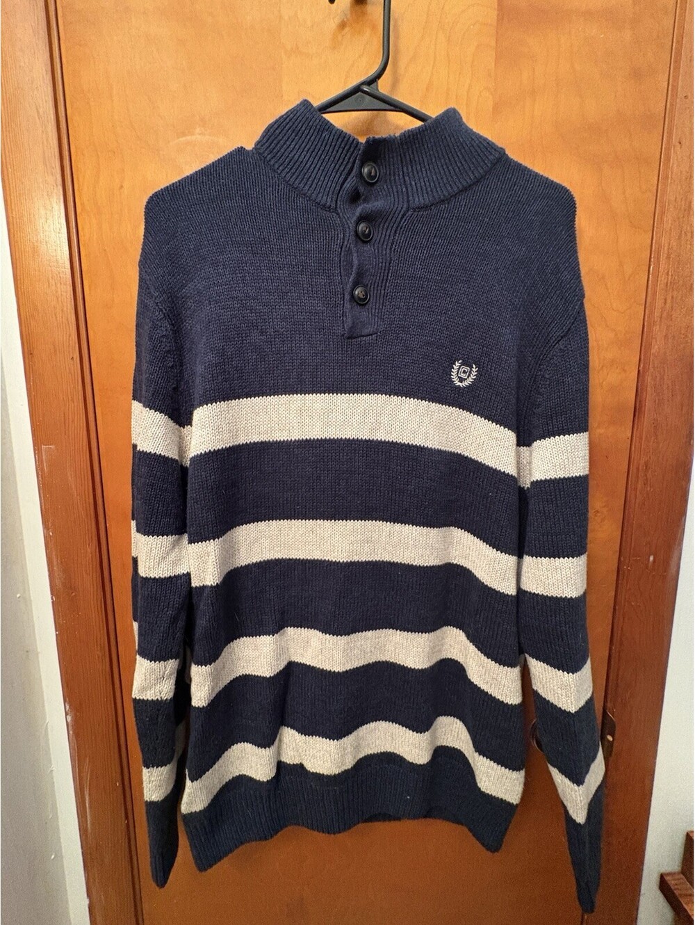 CHAPS Men’s Medium Navy Cream Striped 100% Cotton Mock Neck Sweater Pullover